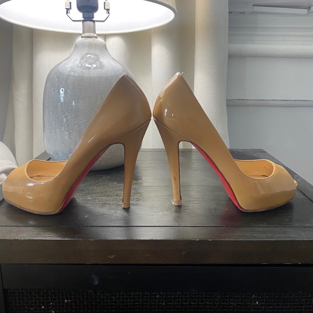 Christian Louboutin Nude Tan Patent Leather Platform Pumps with Red Soles